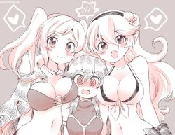 Rule 34 | 3girls, @ @, bikini, blush, breasts, cleavage, closed mouth, corrin (female) (fire emblem), corrin (female) (summer) (fire emblem), corrin (fire emblem), eromame, fire emblem, fire emblem awakening, fire emblem fates, fire emblem heroes, flower, grey background, hair flower, hair ornament, hairband, heart, large breasts, long hair, lucina (fire emblem), monochrome, multiple girls, navel, nintendo, o-ring, o-ring bikini, official alternate costume, open mouth, pointy ears, robin (female) (fire emblem), robin (fire emblem), simple background, smile, spoken heart, swimsuit, tiara, twintails, twitter username, upper body