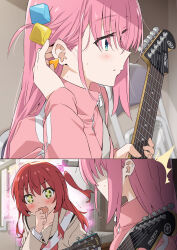 Rule 34 | 2girls, 2koma, adjusting hair, blue eyes, blush, bocchi the rock!, bow, bowtie, brown sailor collar, brown serafuku, comic, commentary request, cube hair ornament, gloom (expression), gotoh hitori, green eyes, guitar, hair ornament, highres, holding, holding instrument, holding plectrum, instrument, kita high school uniform, kita ikuyo, long hair, long sleeves, mousou (mousou temporary), multiple girls, one side up, open mouth, parted lips, pink hair, pink track suit, plectrum, red bow, red bowtie, red hair, revision, sailor collar, school uniform, serafuku, sidelocks, star-shaped pupils, star (symbol), sweatdrop, symbol-shaped pupils, yuri, zipper pull tab