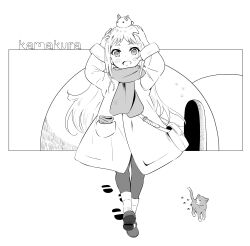 Rule 34 | 1girl, bag, cat, coat, full body, greyscale, highres, long hair, looking at viewer, monochrome, nekopantsu (blt), open mouth, original, quinzhee, scarf, shoulder bag, smile, snow rabbit, snow shelter, solo