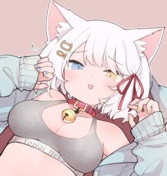 Rule 34 | 1girl, animal ear fluff, animal ears, bare shoulders, bell, blue eyes, blue nails, blush, breasts, brown background, cat ears, cat hair ornament, cleavage, clothes writing, collar, collarbone, commentary, fish hair ornament, grey jacket, hair ornament, hair ribbon, hands up, heterochromia, jacket, jingle bell, kinakomoti, long sleeves, medium breasts, nail polish, neck bell, off shoulder, open clothes, open jacket, open mouth, original, puffy long sleeves, puffy sleeves, red collar, red ribbon, ribbon, romaji text, simple background, sleeves past wrists, solo, sweat, upper body, white hair, yellow eyes, yellow nails