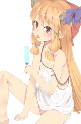 Rule 34 | 1girl, :p, alternate costume, bare legs, bare shoulders, barefoot, blunt bangs, blush, bow, breasts, camisole, collarbone, commentary request, flat chest, food, hair bow, hair ornament, hand up, highres, holding, horn bow, horn ornament, horns, ibuki suika, knee up, long hair, looking at viewer, nishiuri, orange eyes, orange hair, panties, pink panties, pointy ears, popsicle, purple bow, red bow, saliva, saliva trail, simple background, sleeveless, slit pupils, small breasts, solo, strap slip, sweat, tongue, tongue out, touhou, underwear, very long hair, white background
