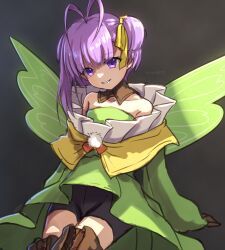 Rule 34 | 1girl, antenna hair, bare shoulders, black shorts, boots, breasts, brown gloves, detached collar, dress, fairy, fairy wings, fate/grand order, fate (series), gloves, green dress, green wings, hair ribbon, long sleeves, looking at viewer, murian (fate), ovolo123, purple eyes, purple hair, ribbon, short hair, shorts, small breasts, smile, solo, thighhighs, twitter username, wings, yellow ribbon