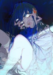 Rule 34 | 1girl, blue hair, colored eyelashes, hand on own face, jacket, long hair, long sleeves, looking at viewer, messy hair, original, rolua, sitting, solo, white eyes