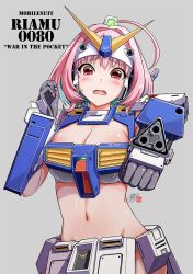 Rule 34 | 1girl, ahoge, aiming, aiming at viewer, beam saber, blue hair, blush, breasts, character name, cleavage, cleavage cutout, clothing cutout, cosplay, fang, gloves, grey background, grey gloves, groin, gundam, gundam 0080, gundam alex, gundam alex (cosplay), hair intakes, hand up, idolmaster, idolmaster cinderella girls, large breasts, looking at viewer, md5 mismatch, mecha musume, mobile suit gundam, multicolored hair, navel, open mouth, parody, pink eyes, pink hair, resolution mismatch, shiny skin, signature, simple background, source larger, tearing up, tongue, two-tone hair, v-fin, yawarabi juubee, yumemi riamu