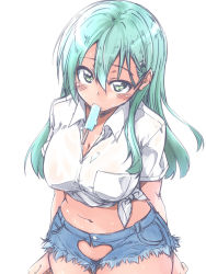 Rule 34 | 10s, 1girl, aqua hair, arms at sides, blue shorts, blush, breasts, cleavage, clothing cutout, collarbone, collared shirt, cowboy shot, crotch cutout, cutoffs, denim, denim shorts, eating, female pubic hair, food, from above, front-tie top, green eyes, hair between eyes, hair ornament, hairclip, heart, heart cutout, kantai collection, large breasts, long hair, looking at viewer, looking up, midriff, mikagami sou, mouth hold, navel, no panties, pocket, popsicle, pubic hair, pubic hair peek, ribbon, shirt, short shorts, short sleeves, shorts, simple background, solo, standing, suzuya (kancolle), sweatdrop, tied shirt, white background, white ribbon, white shirt, wing collar