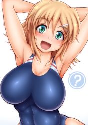 Rule 34 | 10s, 1girl, :d, ?, armpits, arms behind head, arms up, bare shoulders, blue one-piece swimsuit, blush, breasts, collarbone, competition swimsuit, curvy, green eyes, hair ornament, hairclip, hanabi (senran kagura), head tilt, highres, huge breasts, large breasts, looking at viewer, one-piece swimsuit, open mouth, ponponmaru, senran kagura, short hair, simple background, smile, solo, speech bubble, spoken question mark, swimsuit, upper body, water, water drop, wet, white background, wide hips