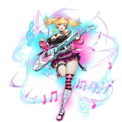 Rule 34 | 1girl, action taimanin, alternate costume, bandaid, blonde hair, blue eyes, breasts, cleavage, cleavage cutout, clothing cutout, earphones, earphones on animal ears, electric guitar, fishnets, full body, gloves, guitar, heart, heart cutout, highres, instrument, jacket, large breasts, lilith-soft, official art, shinganji kurenai, skirt, socks, solo, striped clothes, striped socks, tagme, taimanin (series), taimanin rpgx, thick thighs, thigh strap, thighs, twintails, zol