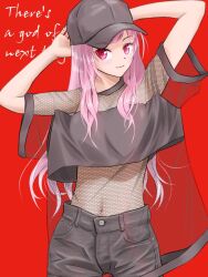 Rule 34 | 1girl, alternate costume, arms behind head, baseball cap, black hat, black pants, fishnet top, fishnets, hat, hololive, hololive english, long hair, looking at viewer, midriff, mori calliope, navel, pants, pink eyes, pink hair, red background, see-through, see-through shirt, solo, standing, tanyao, virtual youtuber