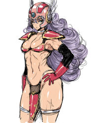 Rule 34 | 1girl, abs, bad id, bad pixiv id, breasts, chunsoft, curly hair, dragon quest, dragon quest iii, enix, gloves, green eyes, hand on own hip, helmet, navel, poin (hidsuki), purple hair, simple background, small breasts, smile, soldier (dq3), solo, thighs, toned, white background