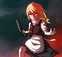 Rule 34 | 1girl, apron, black skirt, black vest, blonde hair, blush, bow, braid, cleaver, closed eyes, closed mouth, commentary request, cookie (touhou), feet out of frame, hair bow, highres, holding, holding knife, kirisame marisa, knife, long hair, magic: the gathering, no headwear, shirt, short sleeves, skirt, smile, solo, star (symbol), suzu (cookie), tibalt, touhou, vest, waist apron, white shirt, yan pai