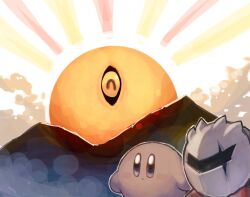 Rule 34 | blush stickers, closed eyes, cloud, colored skin, commentary request, creature, dark meta knight, dark mind, grey skin, kirby (series), kirby and the amazing mirror, mask, mountain, nintendo, no humans, one-eyed, scar, shadow kirby, shiburingaru, solid oval eyes, sunrise