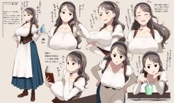 Rule 34 | 1girl, accio, accio, black eyes, blue skirt, blush, book, boots, breasts, brown footwear, brown hair, character sheet, commentary, commentary request, corset, cup, hairband, highres, hollow eyes, large breasts, long skirt, looking at viewer, looking away, mug, multiple views, open mouth, original, potion, simple background, skirt, sweatdrop, translation request