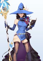 Rule 34 | 1girl, absurdres, belt, black hair, blue dress, blue hat, book, breasts, brown dust 2, brown eyes, cape, dress, elbow gloves, feet out of frame, gem, gloves, hat, hat ornament, highres, holding, holding book, holding staff, long hair, looking at viewer, medium breasts, neck ribbon, ribbon, scheherazade (brown dust), signature, skindentation, solo, staff, stayaliveplz, strapless, strapless dress, thighhighs, thighs, turtleneck, turtleneck dress, witch, witch hat