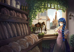Rule 34 | 1boy, 1girl, :d, bad id, bad pixiv id, baguette, basket, blue hair, blue sky, bottle, braid, bread, brown eyes, brown hat, building, cart, cloud, confetti, crowd, day, dress, fantasy, food, garutaisa, hair ornament, hair over shoulder, hand on own chin, hand on own hip, hat, highres, horse, indoors, jewelry, long hair, necklace, open mouth, original, plant, potted plant, puffy short sleeves, puffy sleeves, reins, scenery, short sleeves, sky, smile, standing, thumb to chin, window
