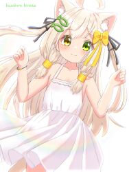 Rule 34 | 1girl, absurdres, ahoge, animal ear fluff, animal ears, artist name, bare shoulders, blonde hair, bloom, blush, bow, bracelet, cat ears, cat girl, cat tail, clenched hands, closed mouth, collarbone, cowboy shot, dress, fish hair ornament, flat chest, green eyes, hair bow, hair ornament, hair ribbon, hairclip, hands up, happy, hazakura hinata, heterochromia, highres, jewelry, kurumi (hazakura hinata), long hair, looking at viewer, original, ribbon, sidelocks, signature, simple background, sleeveless, sleeveless dress, smile, solo, split mouth, standing, tail, variant set, white background, white dress, yellow eyes