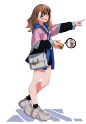 Rule 34 | 1girl, bag, black shorts, black socks, blush, brown hair, cellphone, green eyes, gridman universe, gridman universe (film), handbag, highres, isme, jacket, long hair, looking at viewer, minami yume, multicolored clothes, open mouth, phone, pointing, shirt, shoes, shorts, smartphone, smile, sneakers, socks, solo