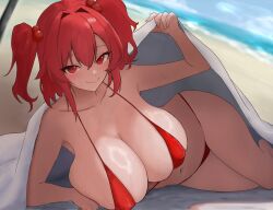 Rule 34 | 1girl, beach, bikini, blurry, blurry background, breasts, cleavage, closed mouth, commentary request, hair intakes, highres, horizon, huge breasts, looking at viewer, lying, moriforest1040, ocean, on side, onozuka komachi, outdoors, red bikini, red eyes, red hair, smile, solo, swimsuit, touhou, two side up
