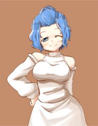 Rule 34 | 1girl, bad id, bad pixiv id, blue eyes, blue hair, blush, breasts, contemporary, detached sleeves, dress, female focus, halterneck, hand on own hip, hip focus, kumoi ichirin, large breasts, matching hair/eyes, naka akira, no headwear, no headwear, one eye closed, ponytail, short hair, smile, solo, standing, touhou, white dress, wink