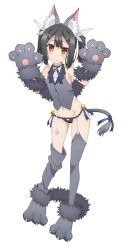 Rule 34 | 1girl, animal ear fluff, animal ears, animal hands, bare shoulders, bell, black hair, black panties, blue ribbon, blush, brown eyes, cat ears, cat paws, cat tail, closed mouth, dot nose, embarrassed, fake animal ears, fake claws, fate/kaleid liner prisma illya, fate (series), female focus, full body, gloves, grey tail, grey thighhighs, groin, hair ornament, hairclip, looking at viewer, miyu edelfelt, miyu edelfelt (beast style), navel, neck bell, neck ribbon, official art, panties, paw gloves, paw shoes, paw socks, ribbon, sidelocks, simple background, solo, standing, stomach, tail, tail ornament, tail ribbon, thighhighs, thighs, underwear, white background