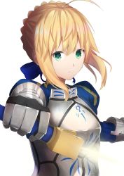 Rule 34 | 1girl, absurdres, ahoge, armor, armored dress, artoria pendragon (fate), blonde hair, commentary request, fate/stay night, fate (series), gauntlets, green eyes, hair between eyes, hair ribbon, highres, holding, holding sword, holding weapon, homura0620alicia, looking at viewer, puffy sleeves, ribbon, saber (fate), short hair, simple background, solo, sword, upper body, v-shaped eyebrows, weapon, white background