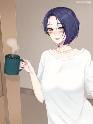 Rule 34 | 1girl, absurdres, blue hair, blush, coffee, collarbone, cryptid crab, cup, fire emblem, fire emblem: three houses, grin, highres, holding, holding cup, indoors, lips, looking at viewer, mug, nintendo, purple eyes, shamir nevrand, shirt, short hair, smile, solo, steam, white shirt