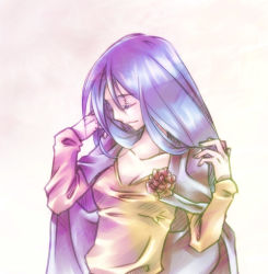 Rule 34 | 1990s (style), 1girl, blue hair, cape, chrono (series), chrono trigger, closed eyes, corsage, female focus, gradient background, imoyama, long hair, mature female, queen zeal, retro artstyle, solo