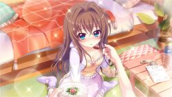 Rule 34 | 1girl, 1other, ahoge, bed, bedroom, between legs, blue eyes, blush, bottle, bowl, breasts, brown hair, camisole, cleavage, collarbone, digital thermometer, dot nose, feeding, fever, film grain, food request, from above, game cg, hand between legs, hand on floor, holding, holding bowl, holding spoon, indoors, izumi tsubasu, long hair, looking at viewer, medium breasts, no shoes, non-web source, official art, on floor, parted lips, pillow, plant, potted plant, pov, pov hands, purple skirt, purple socks, purple sweater, re:stage!, rug, shikimiya aone, sick, sitting, skirt, socks, solo focus, spoon, sweater, table, thermometer, wariza, water bottle, wooden floor, wooden table, yellow camisole
