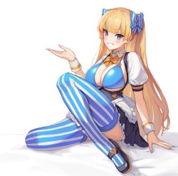 Rule 34 | 1girl, absurdres, bikini, black footwear, blonde hair, blue bikini, blue eyes, blue thighhighs, blush, borrowed character, bow, bowtie, breasts, f.k (hs225kr), full body, hair bow, highres, large breasts, lina (michihasu), looking at viewer, nail polish, original, puffy short sleeves, puffy sleeves, shoes, short sleeves, simple background, sitting, smile, solo, striped bow, striped clothes, striped thighhighs, swimsuit, thighhighs, vertical-striped clothes, vertical-striped thighhighs, white background, yellow bow, yellow bowtie