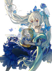 Rule 34 | 1girl, absurdres, birdcage, black pantyhose, blue dress, blue eyes, blue flower, blue rose, bug, butterfly, cage, closed mouth, collarbone, cross, cross necklace, dress, floating hair, flower, gloves, hair between eyes, highres, insect, jewelry, long hair, necklace, original, pantyhose, rose, silver hair, simple background, sleeveless, sleeveless dress, solo, teatix, very long hair, white background, white gloves