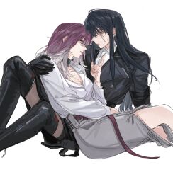 Rule 34 | 2girls, black footwear, black gloves, black hair, black jacket, boots, breasts, cleavage, collared shirt, commentary request, deerwhisky, dress shirt, earrings, eye contact, gloves, gradient hair, grey eyes, grey skirt, highres, jacket, jewelry, long hair, long sleeves, looking at another, medium breasts, multicolored hair, multiple girls, necktie, parted lips, path to nowhere, purple eyes, purple hair, rahu (path to nowhere), scar, scar across eye, shalom (path to nowhere), shirt, sidelocks, simple background, sitting, skirt, sweatdrop, thigh boots, white background, white hair, white necktie, white shirt, yuri