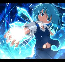 Rule 34 | 1girl, blue hair, bow, cirno, do (4-rt), glowing, glowing hand, hair bow, ice, ice wings, letterboxed, midriff, navel, outstretched arm, outstretched hand, puffy sleeves, shirt, short sleeves, skirt, skirt set, solo, touhou, vest, wings