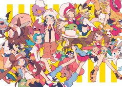 Rule 34 | 6+girls, archeops, auko, baseball cap, beanie, blue eyes, blue hair, boots, brown eyes, brown hair, buneary, clenched hands, commentary, creatures (company), dawn (pokemon), dedenne, double bun, drifloon, game freak, gen 1 pokemon, gen 2 pokemon, gen 3 pokemon, gen 4 pokemon, gen 5 pokemon, gen 6 pokemon, gligar, gourgeist, hair bun, hair ornament, hairclip, hands on own cheeks, hands on own face, hat, hilda (pokemon), jirachi, kris (pokemon), leaf (pokemon), legendary pokemon, long hair, lyra (pokemon), may (pokemon), miniskirt, minun, multiple girls, munna, mythical pokemon, nintendo, octillery, on head, one eye closed, open mouth, outstretched arms, overalls, pantyhose, pichu, pink footwear, pink scarf, plusle, pokemon, pokemon (creature), pokemon bw, pokemon bw2, pokemon dppt, pokemon frlg, pokemon gsc, pokemon hgss, pokemon on head, pokemon oras, pokemon xy, politoed, poliwag, red skirt, rosa (pokemon), scarf, serena (pokemon), shaymin, shaymin (land), shorts, sitting, skirt, smile, spread arms, striped, striped background, swablu, swadloon, swirlix, sylveon, symbol-only commentary, thighhighs, twintails, tympole, vertical stripes, vulpix, white hat, woobat, wooper