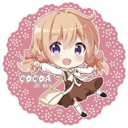 Rule 34 | 1girl, bag, blush, bow, brown footwear, brown skirt, character name, chibi, doily, full body, gochuumon wa usagi desu ka?, hair bow, handbag, hoto cocoa, long hair, long sleeves, looking at viewer, massala, open mouth, orange hair, outline, outstretched arms, pink background, pink bow, purple eyes, sailor collar, shirt, short twintails, skirt, smile, solo, spread arms, suspender skirt, suspenders, twintails, white legwear, white outline, white shirt