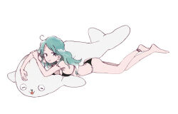 Rule 34 | 1girl, ahoge, aqua hair, ass, bare arms, bare legs, bikini, black bikini, breasts, closed mouth, full body, gem, h kawa, holding own arm, large breasts, leglet, long hair, looking at viewer, lying, on stomach, original, pearl (gemstone), seal (animal), smile, solo, stomach, stuffed toy, swimsuit, white background, white eyes