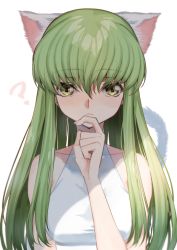 Rule 34 | 1girl, ?, animal ears, breasts, c.c., cat ears, cat girl, cat tail, closed mouth, code geass, collarbone, creayus, green hair, hair between eyes, kemonomimi mode, long hair, looking at viewer, medium breasts, sleeveless, solo, straight hair, tail, upper body, very long hair, white background, yellow eyes