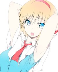 Rule 34 | 1girl, :o, alice margatroid, armpits, arms behind head, arms up, blonde hair, blue dress, blue eyes, breasts, capelet, commentary request, dress, hair between eyes, hairband, looking at viewer, medium breasts, nirap, open mouth, red hairband, red neckwear, short hair, simple background, sleeveless, sleeveless dress, solo, touhou, upper body, white background, white capelet, wing collar