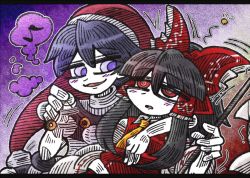 Rule 34 | 2girls, @ @, black hair, blue eyes, blue hair, blunt bangs, blush stickers, bow, colored skin, detached sleeves, doremy sweet, frilled bow, frills, gohei, hair between eyes, hair bow, hair tubes, hakurei reimu, hand around neck, hat, hatching (texture), hypnosis, linear hatching, mind control, multiple girls, musical note, nightcap, open mouth, pom pom (clothes), quaver, red bow, red eyes, red hat, sidelocks, sleepy, smile, suenari (peace), touhou, turtleneck, two-tone background, white skin, wide sleeves