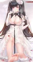 Rule 34 | 1girl, absurdres, azur lane, barefoot, black hair, breasts, cleavage, cross, detached collar, dress, feet, female focus, foreshortening, highres, iron cross, large breasts, long hair, looking at viewer, official alternate costume, parted lips, petals, peter strasser (a moment frozen in pure white) (azur lane), peter strasser (azur lane), pink eyes, see-through, see-through dress, shower head, soles, solo, toes, twintails, very long hair, wedding dress, wet