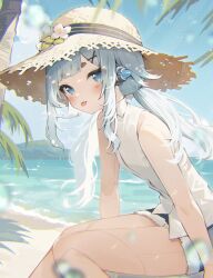 Rule 34 | 1girl, alternate costume, and uge, beach, blue shorts, blue sky, blunt bangs, blush, collared shirt, commentary, day, feet out of frame, flat chest, flower, grey hair, hat, hat flower, highres, joints, leaf hat ornament, leaning forward, long hair, looking at viewer, low twintails, medium bangs, nanashi inc., ocean, open mouth, outdoors, palm tree, pink flower, robot joints, sand, shirt, short shorts, shorts, sidelocks, sitting, sky, sleeveless, sleeveless shirt, solo, sun hat, symbol-only commentary, thick eyebrows, tongue, tongue out, tree, twintails, usamata, virtual youtuber, water, white shirt