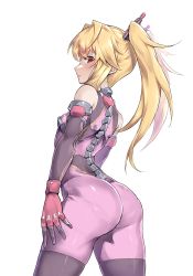 Rule 34 | 1girl, arched back, ass, blonde hair, blush, breasts, depo (typebaby505), elbow gloves, from behind, gloves, highres, looking at viewer, looking back, open hand, original, pilot suit, pink gloves, red eyes, sidelocks, simple background, small breasts, solo, twintails, white background