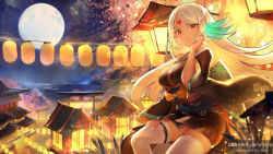 Rule 34 | 1girl, alternate costume, azur lane, black kimono, blush, breasts, commission, hair ornament, highres, janyhero, japanese clothes, kimono, lamp, large breasts, long hair, long sleeves, looking at viewer, massachusetts (azur lane), moon, night, night sky, outdoors, red eyes, silver hair, sitting, sky, smile, solo, thighhighs, white thighhighs, wide sleeves