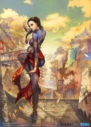 Rule 34 | 1girl, ass, back, black hair, bracelet, braid, breasts, brown eyes, chinese clothes, double bun, forehead, hair bun, highres, jewelry, long hair, looking back, medium breasts, pai chan, rooftop, sega, solo, standing, standing on one leg, thighs, twin braids, virtua fighter