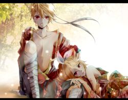 Rule 34 | 1boy, 1girl, bare shoulders, blonde hair, bow, hair bow, hair ribbon, hand on head, japanese clothes, kagamine len, kagamine rin, lap pillow, light rays, lying, nail polish, open clothes, open shirt, outdoors, red eyes, ribbon, shirt, short hair, sitting, sunbeam, sunlight, traditional clothes, vocaloid
