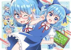 Rule 34 | &gt; &lt;, 1girl, ;d, anzou kunko, blue bow, blue dress, blue eyes, blue hair, blush, board eraser, bow, buttons, chalkboard, cirno, collared shirt, colored eyelashes, commentary request, crying, crying with eyes open, dress, frilled dress, frills, hair bow, hand on own hip, happy, highres, ice, ice wings, index finger raised, knifed, looking at viewer, lying, m/, multiple views, neck ribbon, ofuda, on stomach, one eye closed, open mouth, pinafore dress, puffy short sleeves, puffy sleeves, red ribbon, ribbon, rimless eyewear, shirt, short hair, short sleeves, sleeveless dress, smile, solid oval eyes, standing, tears, teeth, tongue, touhou, upper teeth only, white shirt, wing collar, wings