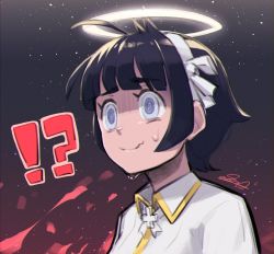 Rule 34 | !?, 1girl, @ @, ahoge, angel, azazel (helltaker), black hair, blue eyes, blunt bangs, breasts, closed mouth, collared shirt, commentary request, cross, dated, gloves, gradient background, hairband, halo, helltaker, highres, jacket, portrait, sawasa, shirt, short hair, signature, smile, solo, sweatdrop, upper body, white hairband, white jacket