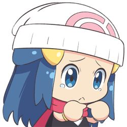 Rule 34 | 1girl, bag, beanie, black shirt, blue eyes, blue hair, bracelet, chibi, closed mouth, commentary, creatures (company), dawn (pokemon), english commentary, fingers together, game freak, hair ornament, hairclip, hat, jewelry, long hair, nervous, nintendo, open mouth, pokemon, pokemon bdsp, scarf, scarletsky, shirt, sleeveless, sleeveless shirt, standing, tearing up, upper body, white hat