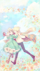 Rule 34 | 1boy, 1girl, artist name, black footwear, blonde hair, blue dress, blue pants, boots, bow, brown coat, brown footwear, brown hair, brown headwear, closed mouth, cloud, cloudy sky, coat, coat on shoulders, collared dress, day, dress, flower, flower (symbol), full body, hair bow, hat, hat ribbon, highres, holding hands, howl (howl no ugoku shiro), howl no ugoku shiro, long hair, long sleeves, looking at another, looking to the side, midair, momochy, outdoors, pants, pastel colors, petticoat, pink flower, red bow, red ribbon, ribbon, shirt, shoes, short hair, signature, sky, sophie (howl no ugoku shiro), star (symbol), studio ghibli, sun hat, white shirt, wind, yellow flower