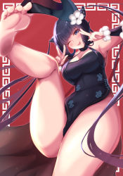 Rule 34 | 1girl, bare shoulders, black dress, blue eyes, blunt bangs, blush, breasts, china dress, chinese clothes, cleavage, closed mouth, detached sleeves, double v, dress, fate/grand order, fate (series), feet, hair ornament, high heels, highres, large breasts, leg up, legs, long hair, looking at viewer, one eye closed, purple hair, red background, saboten teishoku, shoes, sidelocks, smile, soles, solo, thighs, toes, tongue, tongue out, twintails, unworn footwear, unworn shoes, v, very long hair, yang guifei (fate), yang guifei (second ascension) (fate)