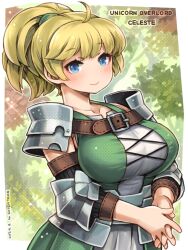 Rule 34 | 1girl, ahoge, armor, armored dress, artist name, blonde hair, blue eyes, blush, breasts, celeste (unicorn overlord), character name, closed mouth, collarbone, cross-laced clothes, cross-laced dress, dated, dress, green dress, large breasts, looking at viewer, ponytail, shigatake, short hair, shoulder armor, smile, solo, unicorn overlord