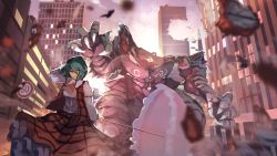 Rule 34 | 1girl, arm behind head, ascot, building, city, cityscape, claws, commentary request, giant, giant monster, green hair, highres, injury, kazami yuuka, kikimifukuri, long sleeves, monster, parasol, plaid, plaid skirt, plaid vest, road sign, scenery, short hair, sign, skirt, sky, skyscraper, touhou, umbrella, vest